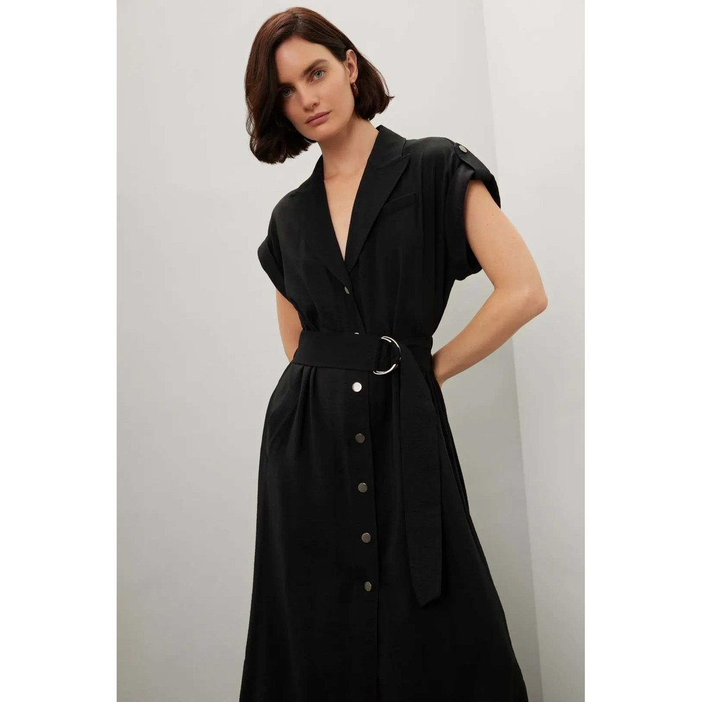 Ramy Brook Dress Women Small Black Belted Button Front Midi Shirt Dress Workwear